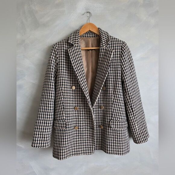 Jackets & Blazers - Defacto Houndstooth Black Tan Oversized Fit Tweed Blazer Sz 36 Double Breast